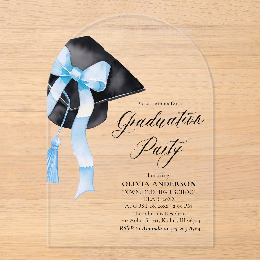 Moderne trendy stijlvolle Blue Bow Afstuderen Arch Acryl Uitnodigingen (Voorkant)