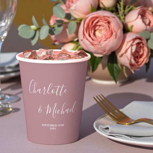 Moderne Trendy Stof Roze Script Bruiloft Papieren Bekers