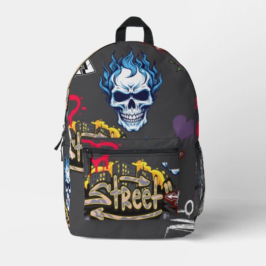 Moderne trendy streetart Spooky gothic donkergrijs Bedrukte Rugzak (Voorkant)