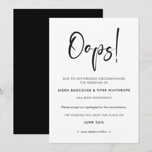 Moderne trendy typografie Oops trouwupdate Kaart (Voorkant / Achterkant)