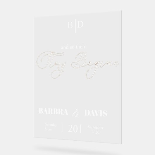 Moderne trendy "verhaal begint" bruiloft acryl bord (Hoek)