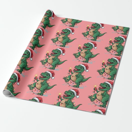 Moderne trendy vrolijke kerst dinosaurus Santa Hat Cadeaupapier (Uitgerold)