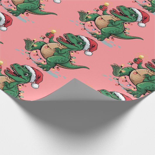 Moderne trendy vrolijke kerst dinosaurus Santa Hat Cadeaupapier (Hoek)