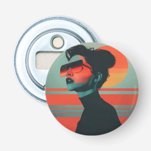 Moderne trendy vrouw retro zonsondergang flesopene button flesopener