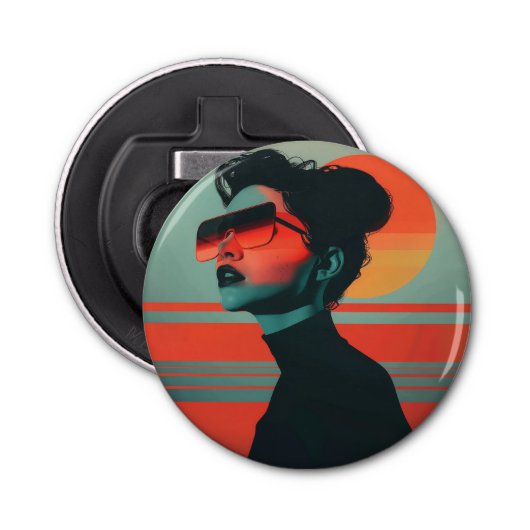 Moderne trendy vrouw retro zonsondergang flesopene button flesopener (Voorkant)