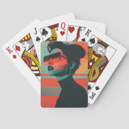 Moderne trendy vrouw retro zonsondergang speelkaar pokerkaarten