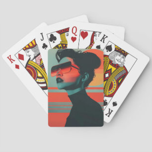 Moderne trendy vrouw retro zonsondergang speelkaar pokerkaarten
