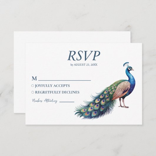 Moderne trendy waterverf pauw  RSVP kaartje (Voorkant / Achterkant)