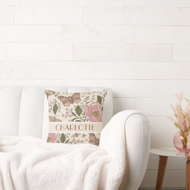 Moderne Trendy Wildflower Botanische Bloemen Monog Kussen (Bank)