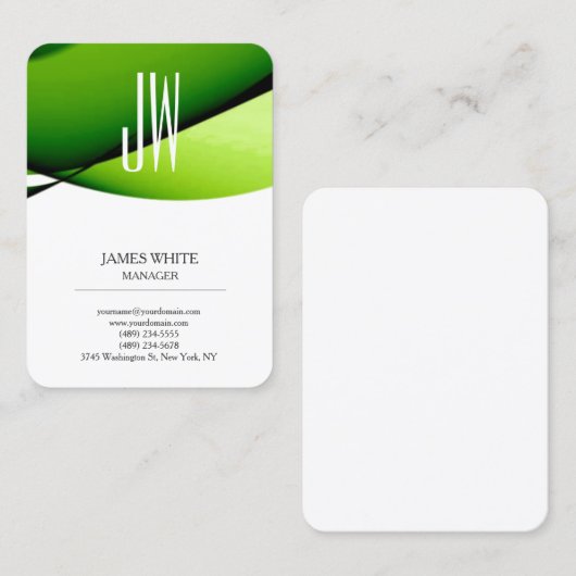 Moderne trendy witte groene monogram visitekaartje (Voorkant / Achterkant)