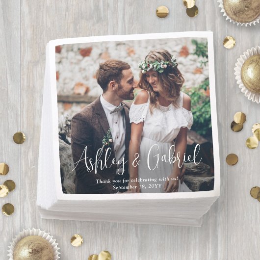 Moderne trendy witte script foto overlay bruiloft servet