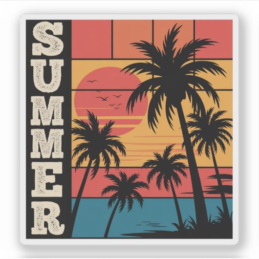 Moderne trendy zomer zonsondergang strand palmboom sticker (Voorkant)