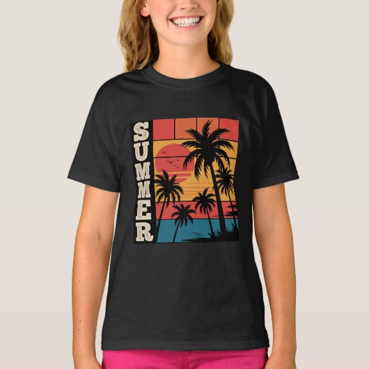 Moderne trendy zomer zonsondergang strand palmboom t-shirt (Voorkant)