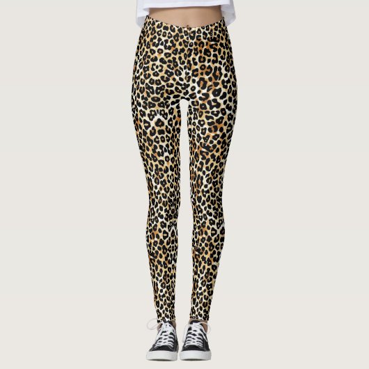 Moderne Trendy Zwart Tan White Leopard Print Leggings (Voorkant)
