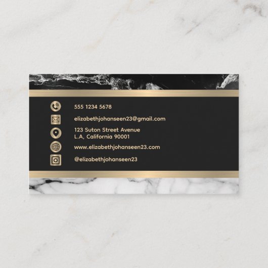 Moderne trendy zwart-wit marmeren gouden strepen visitekaartje (Achterkant)