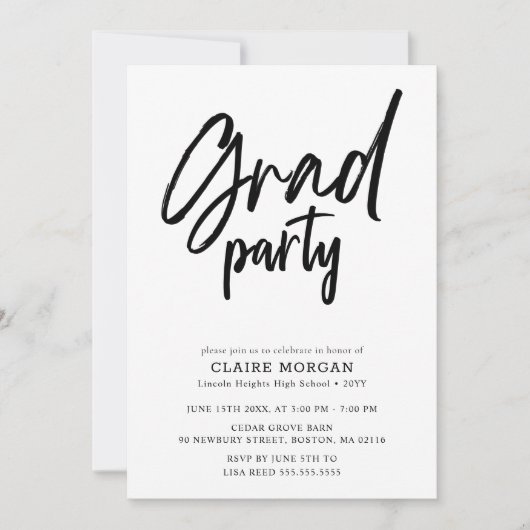 Moderne trendy zwarte script afstudeerfeest kaart (Voorkant)
