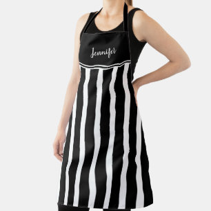 Moderne trendy zwarte witte strepen monogram naam schort