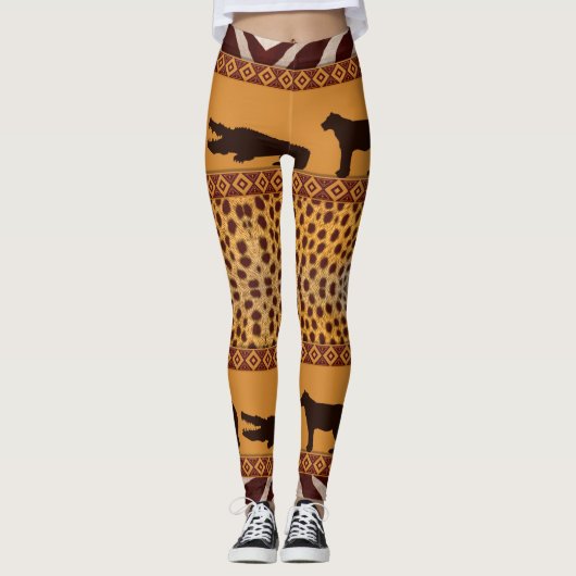 Moderne tribale Afrikaanse Cheetah Pattern Dierafd Leggings (Voorkant)