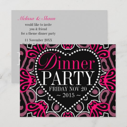 Moderne tribale hotroze zwarte dinner Party nodigt Uitnodiging Briefkaart (Voorkant / Achterkant)