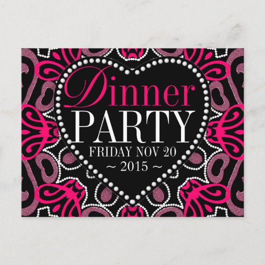 Moderne tribale hotroze zwarte dinner Party nodigt Uitnodiging Briefkaart (Voorkant)