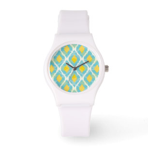 Moderne tribale ikat blue yellow mode horloge
