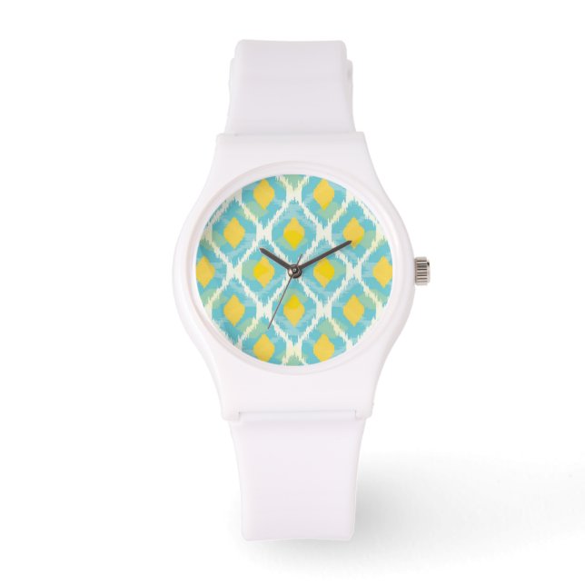 Moderne tribale ikat blue yellow mode horloge (Voorkant)