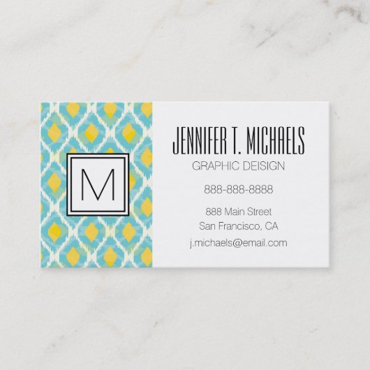 Moderne tribale ikat blue yellow mode visitekaartje (Voorkant)