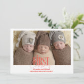 Moderne Triplets Eerste Kerst Custom Photo Feestdagenkaart (Staand voorkant)