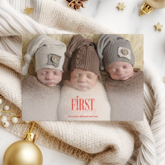Moderne Triplets Eerste Kerst Custom Photo Feestdagenkaart