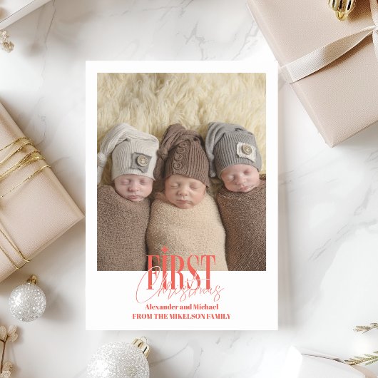 Moderne Triplets Eerste Kerst Custom Photo Feestdagenkaart
