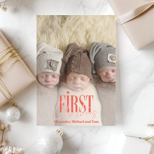 Moderne Triplets Eerste Kerst Custom Photo Feestdagenkaart