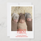 Moderne Triplets Eerste Kerst Custom Photo Feestdagenkaart (Voorkant)