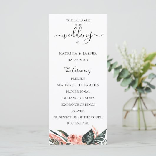 Moderne Tropen Koraal Bloemen Bruiloft Programmakaart (Staand voorkant)
