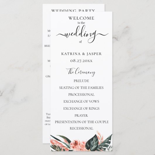 Moderne Tropen Koraal Bloemige Bruiloft Programmakaart (Voorkant / Achterkant)