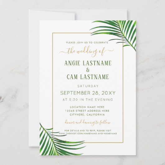 Moderne tropics palm Leaf Green and Gold Wedding Kaart (Voorkant)