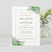 Moderne tropics palm Leaf Green and Gold Wedding Kaart (Staand voorkant)