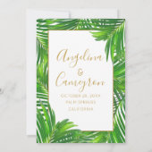 Moderne tropics palm Leaf Green and Gold Wedding Kaart (Achterkant)