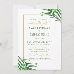 Moderne tropics palm Leaf Green and Gold Wedding Kaart