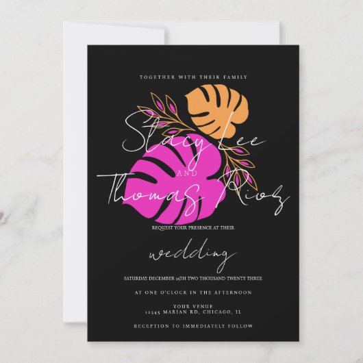 Moderne tropisch roze Oranje bruiloft Kaart (Voorkant)