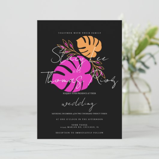 Moderne tropisch roze Oranje bruiloft Kaart (Staand voorkant)