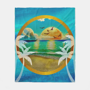 Moderne Tropisch Strand Palmboom Zonsondergang Vak Fleece Deken