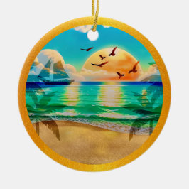 Moderne Tropisch Strand Palmboom Zonsondergang Vak Keramisch Ornament