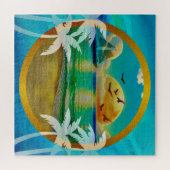 Moderne Tropisch Strand Palmboom Zonsondergang Vak Legpuzzel (Horizontaal)