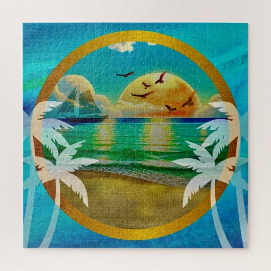 Moderne Tropisch Strand Palmboom Zonsondergang Vak Legpuzzel (Verticaal)