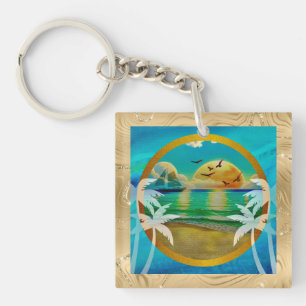 Moderne Tropisch Strand Palmboom Zonsondergang Vak Sleutelhanger