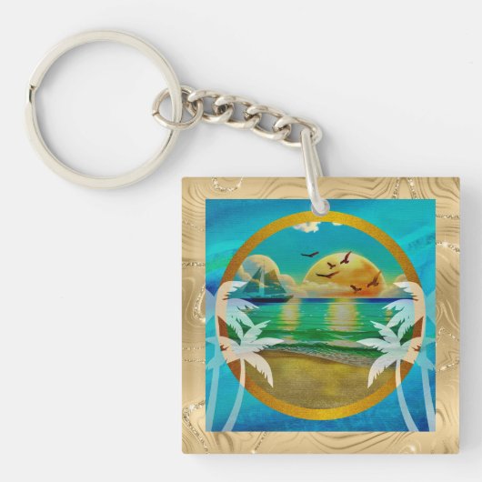 Moderne Tropisch Strand Palmboom Zonsondergang Vak Sleutelhanger (Voorkant)