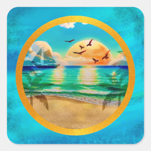 Moderne Tropisch Strand Palmboom Zonsondergang Vak Vierkante Sticker