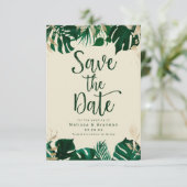 Moderne Tropisch Thema Bladeren met Gouden Huwelij Save The Date (Staand voorkant)