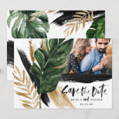 Moderne tropische abstract geschilderde trouwfoto save the date (Voorkant / Achterkant)
