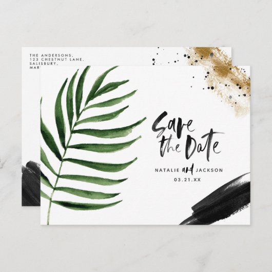 Moderne, tropische abstracte bruiloft aankondigingskaart (Voorkant / Achterkant)